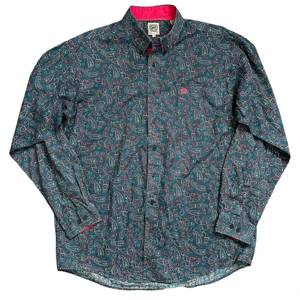 Cinch‎ Cotton Paisley Western Casual Button-Down Multicolor Blue Pink Shirt Sz L - Picture 6 of 9